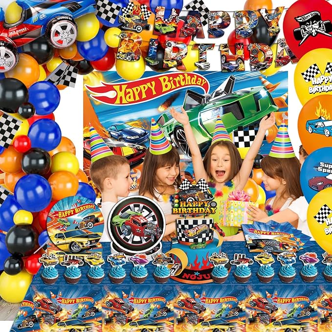 122 Pcs Hot Car Birthday Party Supplies,Included Banner,Backdrop,Tablecloth,Cake Topper,Cupcake Toppers,Balloon,Racing Car Tableware Set for Boy and Girl Wheel Party Decorations