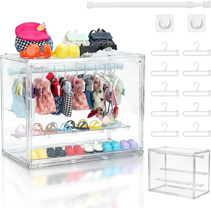 Clear Doll Wardrobe Storage Box,Doll Clothes Closet Desktop,Doll Accessories Display Box,Dolls Outfit Storage Organizer with Hangers & Rod(Not Include Any Accessories)