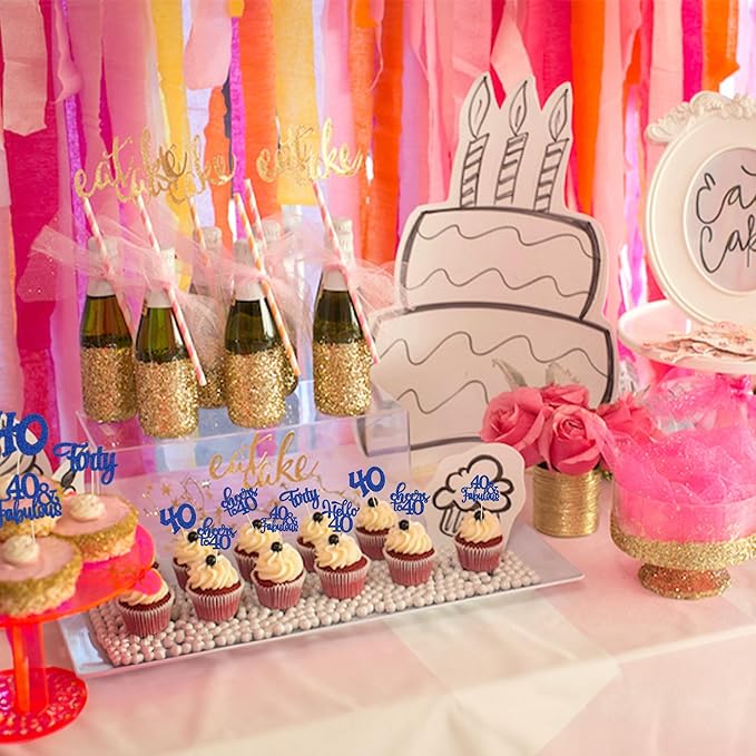 30pcs Happy 40th Birthday Cupcake Toppers - Deep Blue Glitter Forty Cheers to 40 Years Old Cupcake Picks for Anniversary Party Cake Decorations