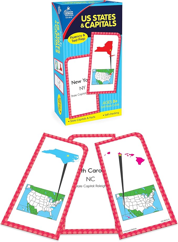 Carson Dellosa States and Capitals Flash Cards for Kids Ages 8+, Geography Flash Cards with US History, Fun Facts, Grade 3, Grade 4 and Grade 5