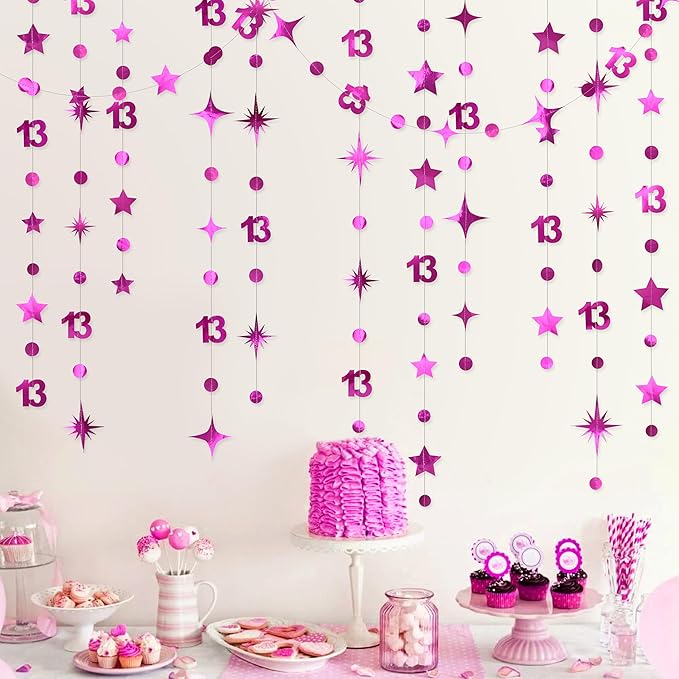 Hot Pink 13th Birthday Decorations Number 13 Circle Dot Twinkle Star Garland Hanging Streamer Banner Backdrop Girls 13 Year Old Birthday Thirteen Official Teenager 13th Anniversary Party Supplies