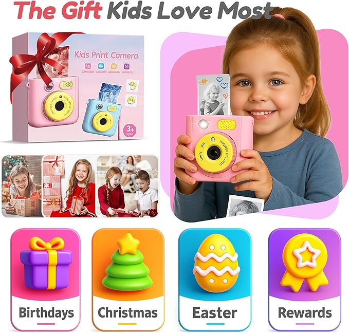 Instant Camera for Kids, Digital Print Camera 48MP 1080P, Color & B&W Printing, 2.4" Display, USB-C Rechargeable, 32GB Card, Christmas & Birthday Gifts for 3-12 Year Old Girls Boys (Pink)