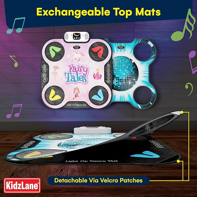 Kidzlane Light Up DJ Dance Mat for Kids - Bluetooth & AUX Compatible - 3 Fun Arcade Games with 5 Difficulty Levels - Detachable Discoball & Fairytail - Adjustable Volume - Ages 6+