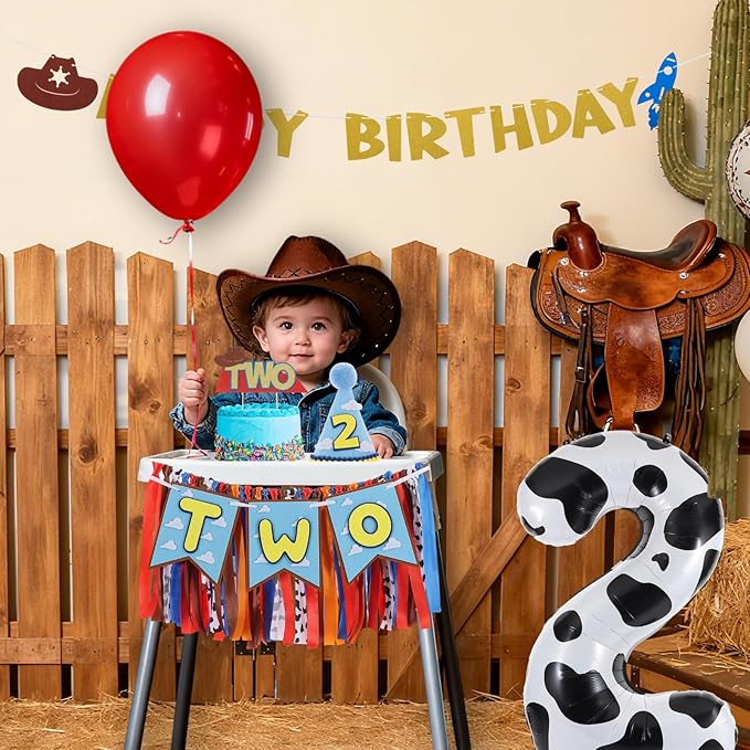 Cartoon Toy Highchair Banner for 2nd Birthday Party Decorations Two Infinity and Beyond High Chair Tassel Banner for Boys 2 Years Old Western Cowboy 2 Birthday Photo Props Backdrop Decorations