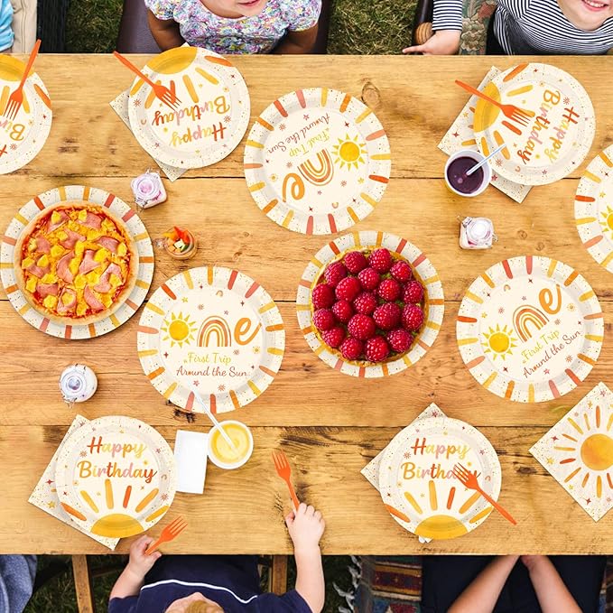 96Pcs First Trip Around the Sun Party Decorations for Girl Boho Sun 1st Birthday Plates and Napkins Sets The Sunshine Number 1 Birthday Decorations for Boho Boys One Year Old Party Supplies Serves 24