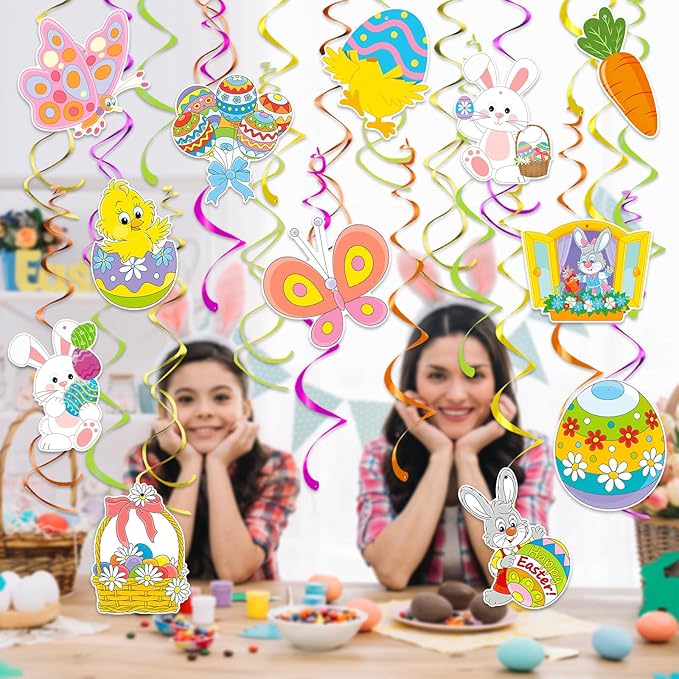 Hanging Easter Decorations Swirls 30pcs, Easter Egg Bunny Ceiling Hanging Party Streamers, Foil Easter Party Decor Supplies for Home Office School, Dangling Spinners Easter Party Ceiling Decor