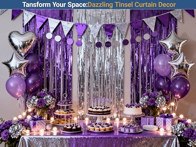 3 Packs Purple Silver Foil Fringe Curtains, Birthday Party Decorations Backdrop Tinsel Steamer, Wedding Engagement Bridal Shower Party Decorations Retirement Decor Graduation Party Backdrop