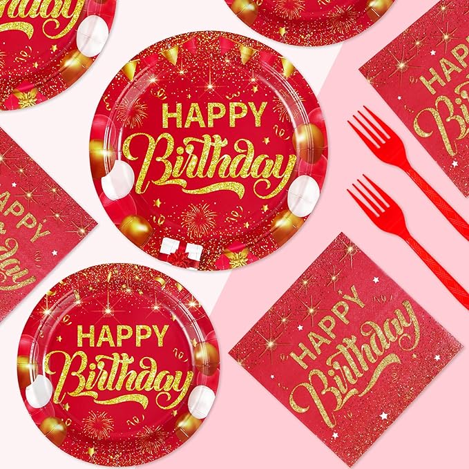 Grencian 96PCS Red and Gold Happy Birthday Decorations Red Gold Party Plates and Napkins Disposable Paper Tableware Set for Birthday Chinese New Year Wedding Party Supplies, Serves 24