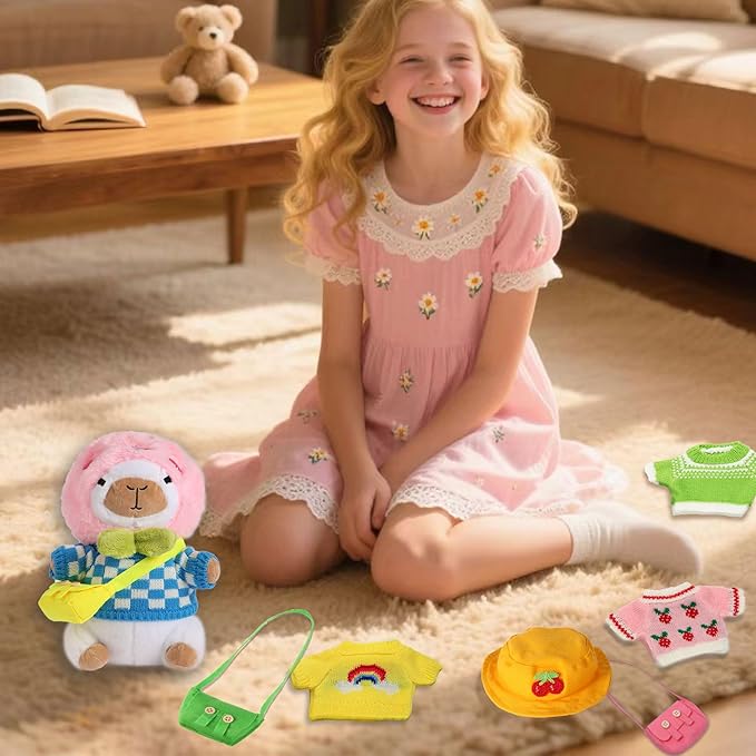 Capybara Plush Toy with 10 Pcs Clothes & Accessories, Dress Up Capybara Plush Toys, Cute Capybara Stuffed Animal with Outfits Birthday Gifts for Boys Girls