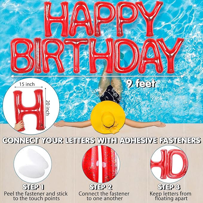 Shappy 20'' Happy Birthday Pool Large Floating Letter Balloons with Adhesive Dots Inflatable Pool Decorations for Summer Birthday Party