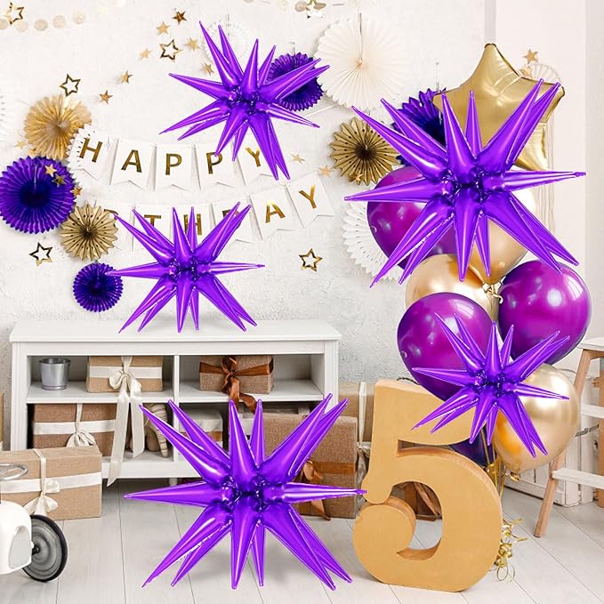 10 Pcs Purple Star Balloons Explosion Starburst Balloons Foil Cone Balloon Magic for Birthday Wedding Anniversary Party Backdrops Decorations Supplies, 6 Pcs 22Inches and 4 Pcs 27Inches