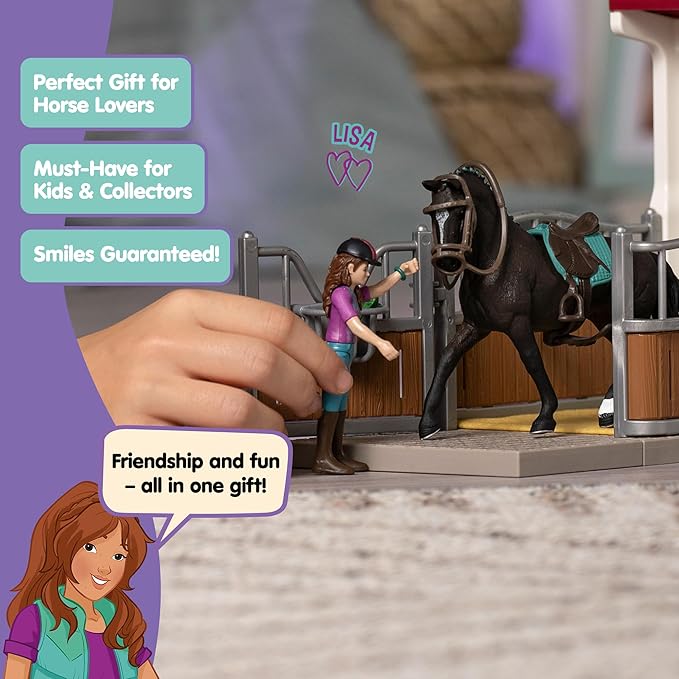 Schleich Horse Club - 25 PC Lisa and Storm Horse Toy Stall Playset with Accessories - Customizable Stable Name Tag - Realistic, Posable Rider and Pony Toys for Girls and Boys - Kids Ages 5+ - 42709