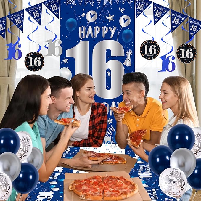 16th Birthday Decorations for Boys Girls, Blue Silver 16th Birthday Decorations Backdrop with Happy 16th Birthday Banner, Number 16 Hanging Swirls, Triangle Flag, 16 Years Old Party Decor Supplies