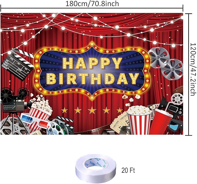 Movie Night Happy Birthday Backdrop Decorations Banner Movie Night Photo Background for Home Indoor Outdoor Birthday Party Decorations Supplies 70.8 x 47.2 Inch