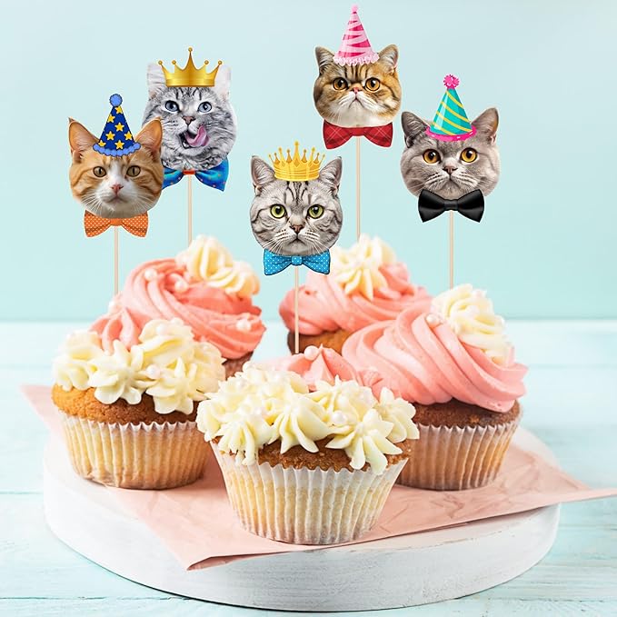 Pet Cat Cupcake Toppers, 24 PCS Pet Cats Themed Birthday Party Supplies for Meow Kitty Cat Birthday Party Baby Shower Party Decorations