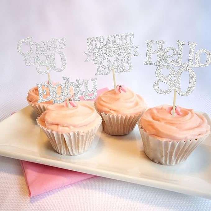 Ephlyn 24Pcs Happy 80th Birthday Cupcake Toppers Glitter Straight Outta 1946 Cupcake Picks Hello 80 Cheers to 80 Years Birthday Cake Decorations for 80th Birthday Anniversary Party Supplies Silver