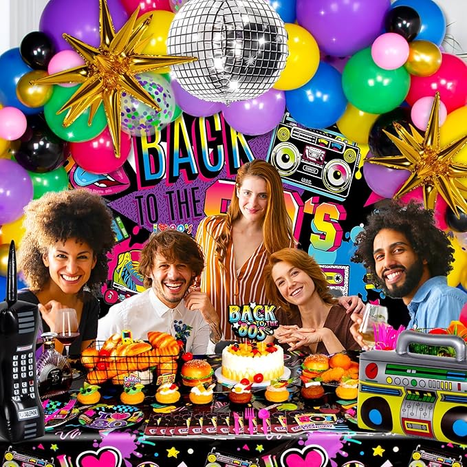 80s Party Decorations, 80s 90s Theme Birthday Party Supplies Includes Inflatable Radio Boombox & Mobile Phone, Back To The 80's Backdrop, Tablecloth, Plates, Napkins, Hip-Hop Cake Toppers