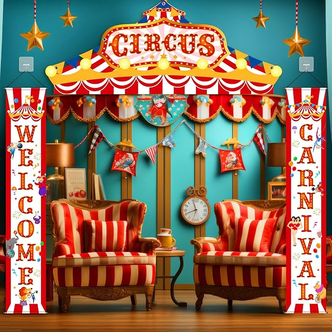 Blulu 3 Pcs Carnival Circus Porch Banner Decorations Circus Party Awning Hanging Banner Carnival Welcome Door Decorations Set for Birthday Baby Shower Party Supplies