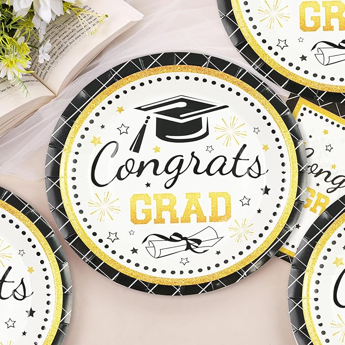 50PCS Graduation Plates Party Supplies, 7INCH Black and Gold Paper Plates and Napkins 2025 Graduations Party Decorations Disposable Tableware for College High School Congrats Grad Party Supplies