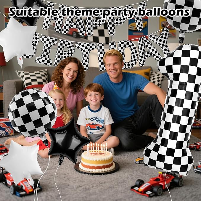 Racing Cars Themed Happy Birthday Banner Party Decorations Set Including 40 Inch Number 1 Foil Balloons, Themed Party Essentials, Checkered Backdrop Supplies for Boys Indoor Outdoor Celebration