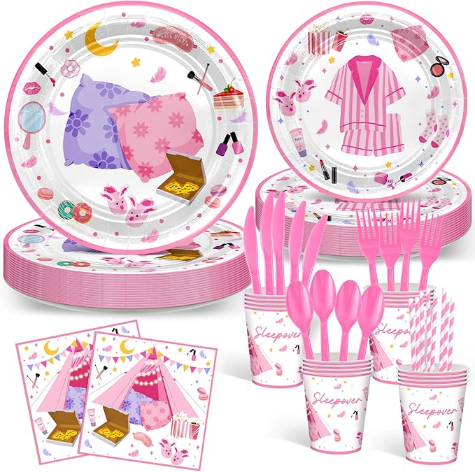 Avezano 192 Pcs Sleepover Party Supplies for Girls Plates Napkins Set Pajama Party Decorations Sleep Over Theme Slumber Decor Disposable Dinnerware for 24 Guests