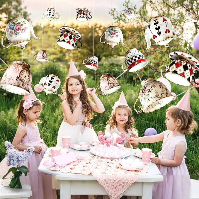 Wonderland Tea Party Decoration Teacup Hanging Banners Wonderland Teapot Themed Garland banner spring Backdrop Photo Props for Indoor Outdoor Garden Birthday Baby Shower Party Supplies