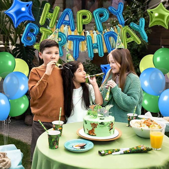 29PC Blue Green Happy Birthday Balloon Banner, 16 Inch 3D Aluminum Letter Banner Sign, Clear Blue Green Balloon Helium 18 Inch Star Foil Balloon for Kids, Women, Men Birthday Party Decoration