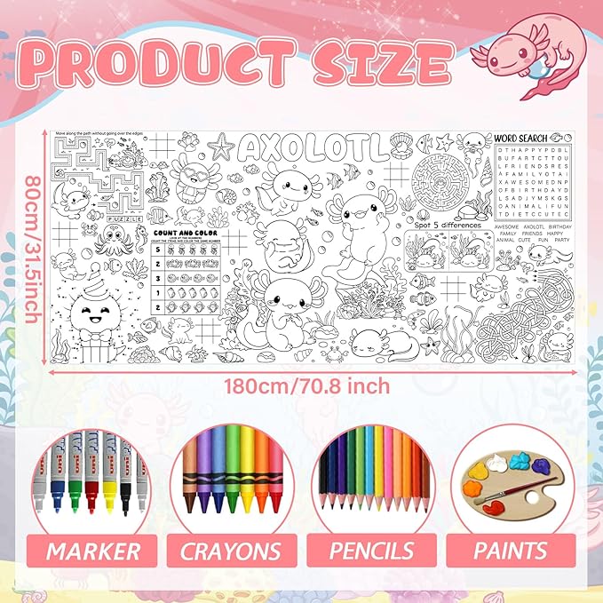 Naozinebi Axolotl Giant Coloring Poster for Kids Axolotls Large Coloring Tablecloth Big Paper Sheets Page Axolotl Theme Table Cloth DIY Activity Game Art Crafts Mat Wall Home Party Decoration Supplies