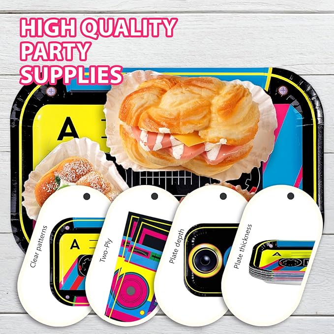 96Pcs 80s 90s Party Decorations Cassette Tape Plates and Napkins Retro Disco Music Themed Supplies Hip Hop Kpop Disposable Tableware for Retro 80s 90s Birthday Party Decorations
