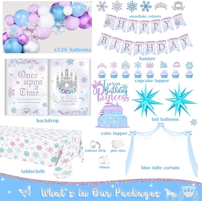 Winter Snow Birthday Party Decorations for Girls,Snowy Princess Birthday Supplies,Winter Wonderland Princess Party Decor,Ice Blue Silver Snowflake Balloons,Once Upon a Time Fairy Girl Party Decor