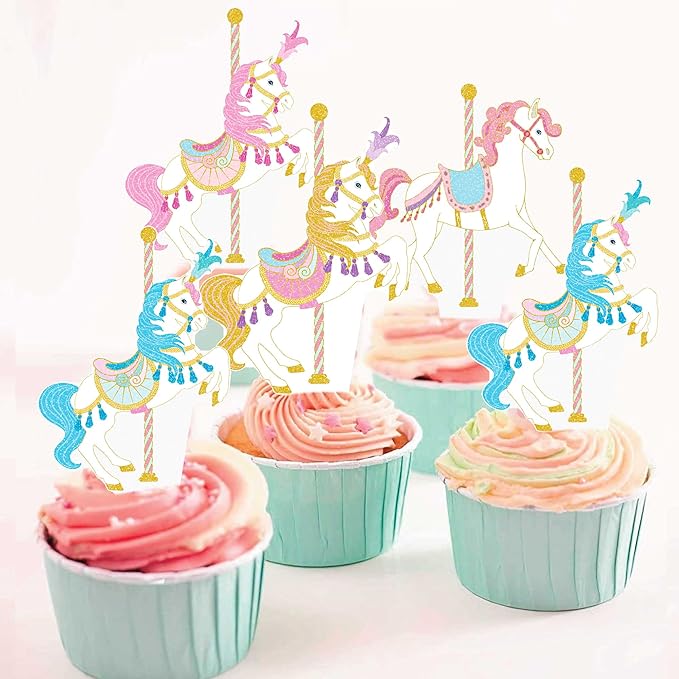 Carousel Horse Cupcake Toppers 48Pcs Carousel Horse Party Cake Decorations Carnival Carousel Horse Cupcake Picks Horse Birthday Party Supplies for Amusement Park Themed Baby Shower Decor