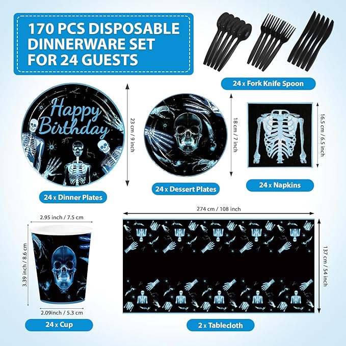 170Pcs X Ray Birthday Party Supplies Radiology Plates and Napkins Cups Forks Tablecloth Radiology Medical X Ray Skeleton Goth Theme Tableware Set for Kids Adults Birthday Party Supplies Serves 24
