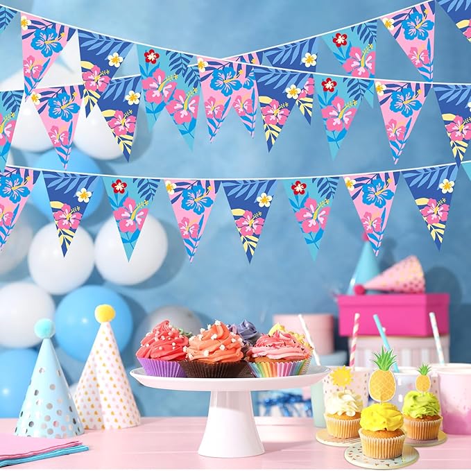 Pasimy 5 Pcs Cartoon Hawaiian Party Decorations Pink Blue Hawaiian Hibiscus Pennant Banners Flower Bunting Pre-Strung Paper Triangle Flags for Cartoon Tropical Luau Birthday Baby Shower Party Supplies