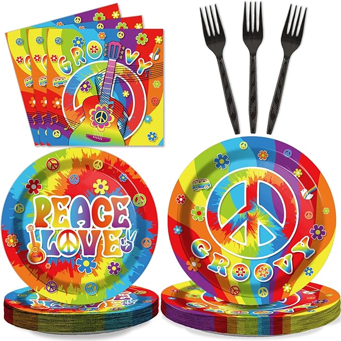 96 PCS 60’s Party Hippie Tableware Set Groovy Plates Napkins 60s Hippie Themed Decorations Peace Love Tie Dye Style 70s Disposable Paper Tableware Birthday Party Supplies Favor for 24 Guests