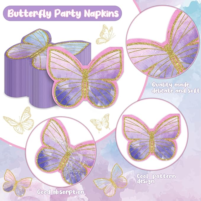100Pcs Butterfly Napkins, 10.2 x 12.6 Inches, Fairy Napkin, Spring Flower Party Napkins, Fairy Table Decorations Floral Napkin for Weddings Floral Spring Butterfly Birthday Decorations