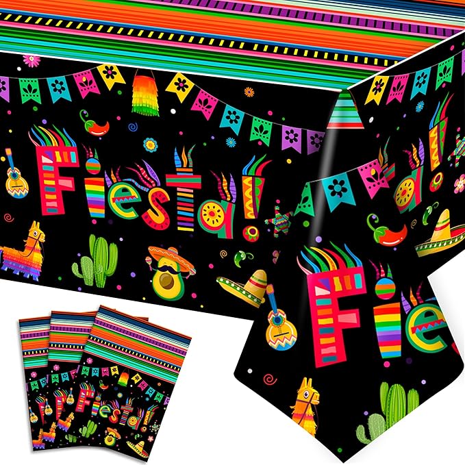 Mexican Fiesta Party Tablecloth Set, 3pcs, 107.8''x54'', Multicolored, Striped with Letters, Cinco de Mayo, Mexican Themed Birthday Party Decorations
