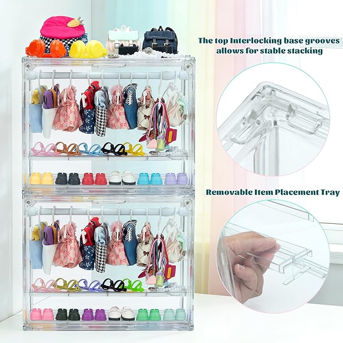 Clear Doll Wardrobe Storage Box,Doll Clothes Closet Desktop,Doll Accessories Display Box,Dolls Outfit Storage Organizer with Hangers & Rod(Not Include Any Accessories)