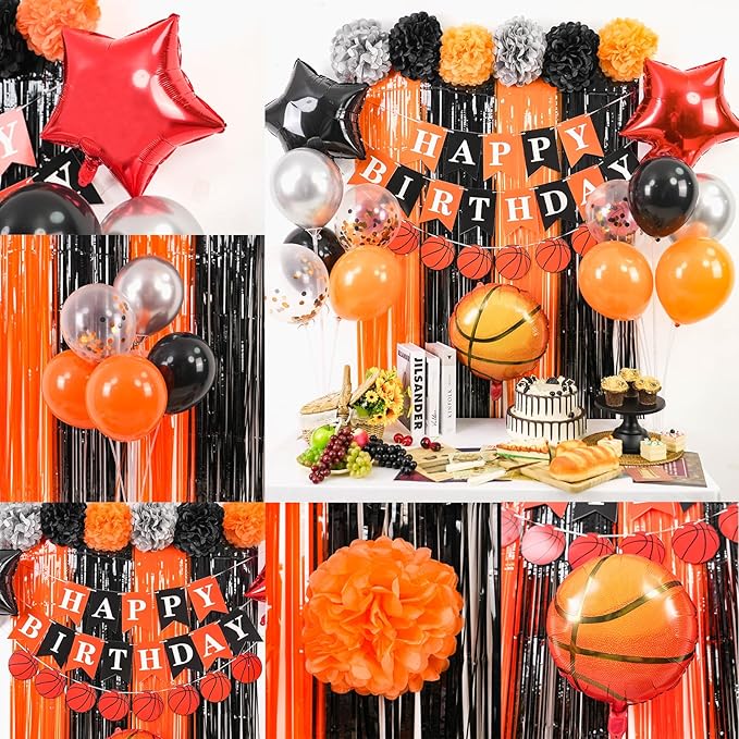 Basketball Party Supplies,Basketball Theme Birthday Decorations,Include Orange Black Balloons Happy Birthday Banner Fringe Curtain Tissue Paper Pompoms Garland