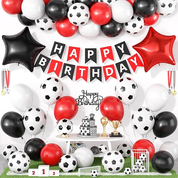 Soccer Birthday Party Decorations for Men Women, Soccer Birthday decorations with Red Black White Balloons Happy Birthday Banner Cake Toppers 18in Foil Balloon for Boys Girls Women Men Party Decor