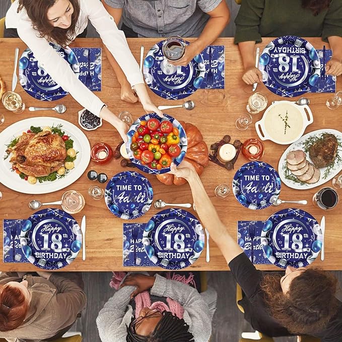 Grencian 96Pcs 18th Birthday Party Decorations Blue and Silver 18th Birthday Plates and Napkins Disposable Paper Tableware Set for Teens Boys Girls 18 Years Old Party Supplies, Serves 24