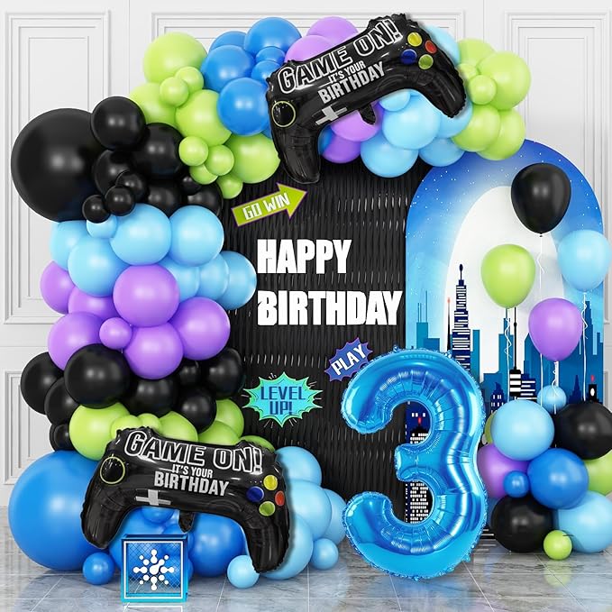 3th Birthday Video Game Balloons Arch, 3th Game Party Balloons Garland Kit 3th Game Birthday Supplies with Blue Number 3 Balloon for 3 Year Old Teens Boys Birthday Decor