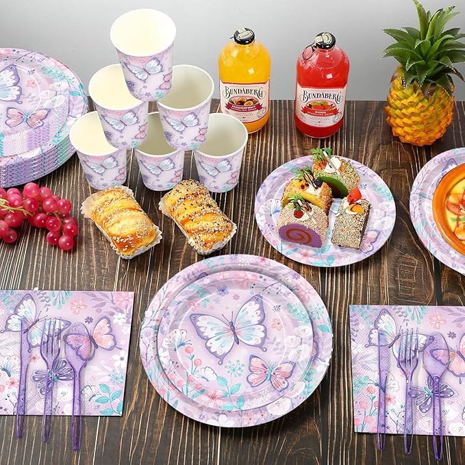 168pcs Butterfly Party Decorations Purple Butterfly Plates and Napkins Tableware Set Disposable Paper Cups Flower and Butterfly Birthday Party Supplies for Kids Birthday Decor Serves 24 Guest