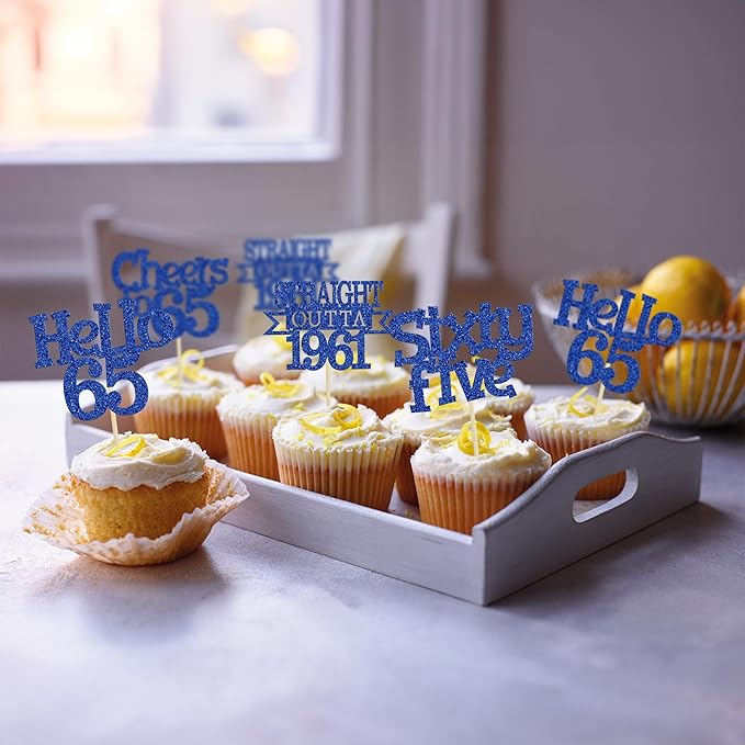 Ephlyn 24Pcs 65th Birthday Cupcake Toppers Glitter Straight Outta 1961 Cupcake Picks Hello 65 Cheers to 65 Years Cake Decorations for 65th Birthday Anniversary Party Decorations Supplies Blue