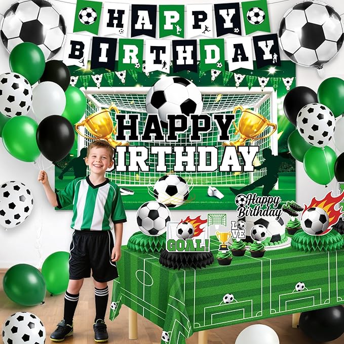 Soccer Birthday Party Decorations, 44Pcs Soccer Party Decorations Included Foil & Latex Balloons Happy Birthday Backdrop Tablecloth Cake Toppers Honeycomb Centerpieces for Boys’ Soccer Party Supplies
