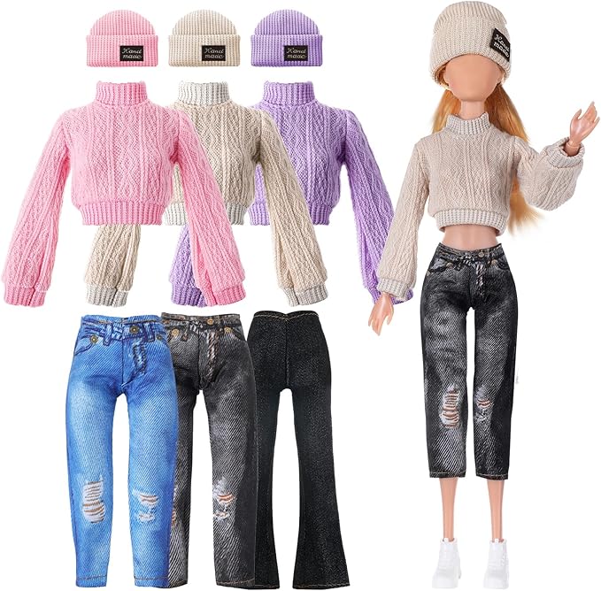 6 Pcs Winter Doll Clothes 11.8 Inch Fashion Doll Accessories Set Sweaters Denim Pant Clothing Sweet Outfits for Winter Spring Party Birthday Gift(Multicolor)
