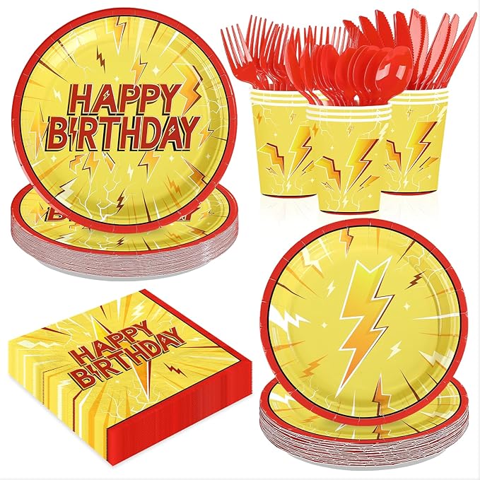 168 Pcs Lightning Bolt Birthday Party Decorations Lightning Paper Plates and Napkins Yellow Red Cartoon Tableware Set for Light Birthdays Baby Shower Party Supplies, Serves 24