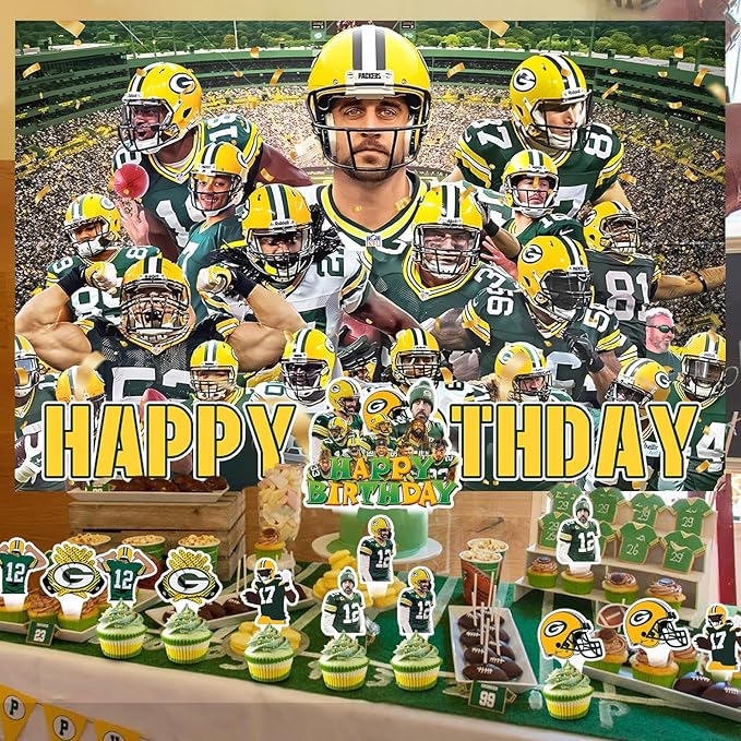 Packers of Green Party Supplies,Football Rugby Party Decorations Includes Backdrop, Cake Toppers, Balloon for Soccer Party Decorations