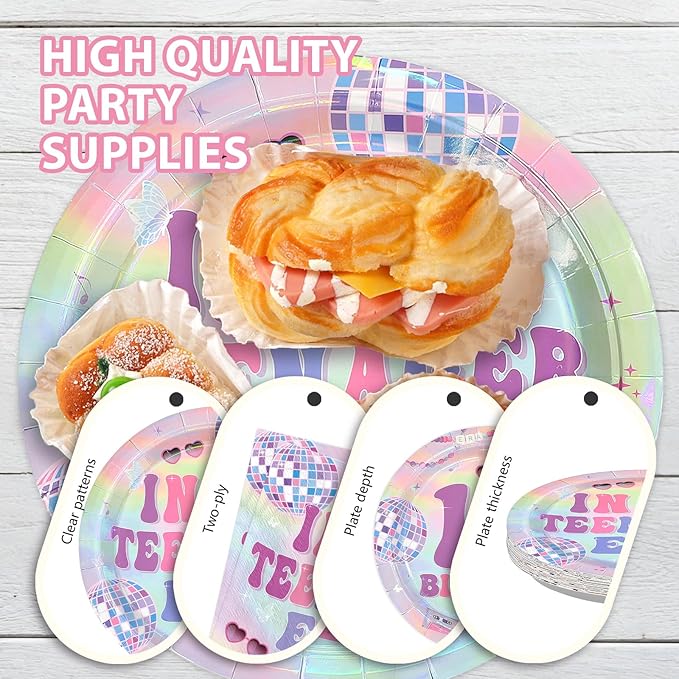 96Pcs In My 13th Birthday Era Party Decorations Era's 13 Birthday Plates and Napkins Set Music Iridescent Disco Decoration for Girls 13 Years Old Music Singer Friendship Bday Party Supplies Serves 24