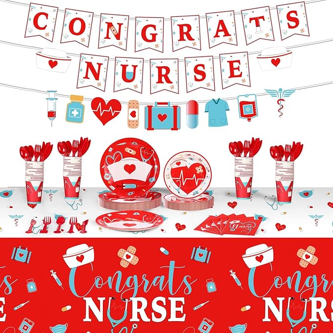 Zubebe 173 Pcs Nurse Graduation Party Supplies 2026 Serve 24 Guests Congrats Nurse Banner Dinner Dessert Plates Cups Napkins Tablecloth Medical Birthday Party Tableware Set for Rn Doctor Graduation