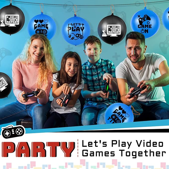 32 Pcs Video Game Punch Balloons Pixelated Punch Ball Pixel Video Game Balloons Latex Balls Toys for Birthday Party Favors Supplies, Goodie Bag Filler(Blue, Black)